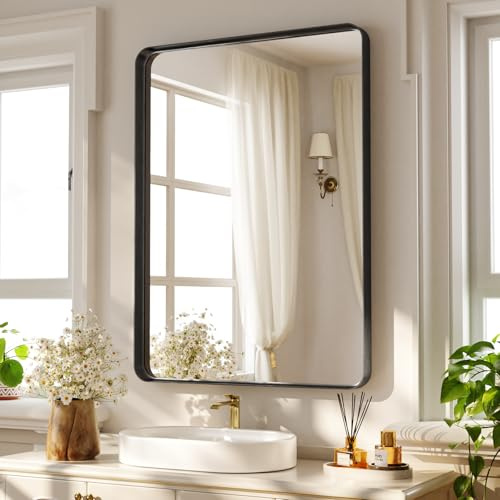 Koonmi Espejo de Pared Con Marco Profundo, 75 x 55 cm, Lujoso Rectangular de Alta Gama, Esquina Fileteado, Colgado Horizontal o Verticalmente, Negro