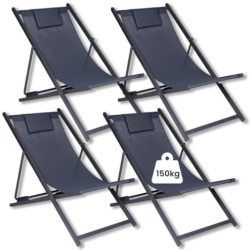 4x Metall Liegestuhl klappbar anthrazit, belastbar bis 150kg, 4-stufige Rückenlehnenverstellung, Klappbarer Garten Balkon Terrassen Stuhl Faltstuhl Beachchair Strandstuhl Gartenliege Klappliege