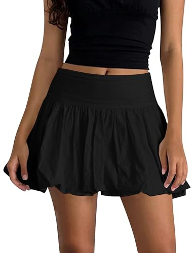 KIGRAD Y2k Minirock für Damen, niedlich, mit Rüschen, kurzer Rock, A-Linie, niedrige Taille, Vintage-Ballonrock, Schwarz, Groß