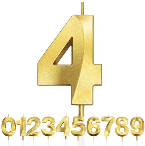 Nummer 4 Geburtstagskerze, 4. Geburtstag Kerze, 3D Design Gold Glitter Nummer Kerzen, Cake Topper Dekorationen, Kuchen Kerze für Geburtstagsparty, Hochzeitstag, Baby-Dusche, Party-Dekoration