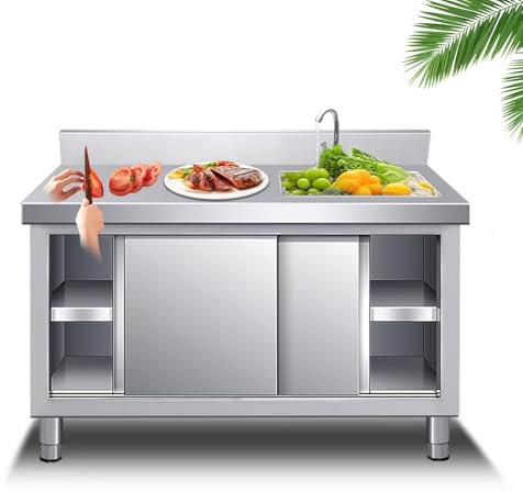 Meuble Evier,Évier Divers Avec Armoire Cuisine,Évier Inox De Cuisine,Évier De Restauration Autoportant,avec Établi Et Chaud/Froid Robinet Pour Intérieur De Jardin Extérieur Buanderies(R 100*60*80cm/39