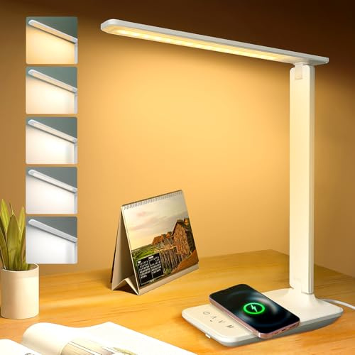 joyshie Desk Lamp Dimmable Led Table Lamp Reading Light with USB Charging Port,Wireless Charging, 5 Lighting Modes, Touch Control Desk Light, Foldable Nail Lamp for Studying Working Reading Bedside