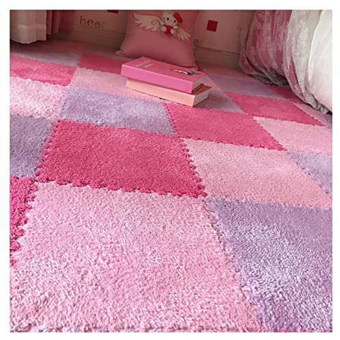 Ineinandergreifende Teppichfliesen-Set, 10 Stück, Plüschschaum-Bodenmatten, quadratisch, 30,5 x 30,5 cm, flauschige Puzzle-Spielmatte mit Rand, Rosa, Lila, Rosenrot, 10 Fliesen