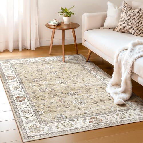 WITSHOCK Teppich Wohnzimmer 90x160 cm: Waschbarer Boho, rutschfest, Kurzflor, Vintage Schlafzimmer, Teppich Küche Flur Esszimmer für Kinder & Haustiere Geeignet, Beige
