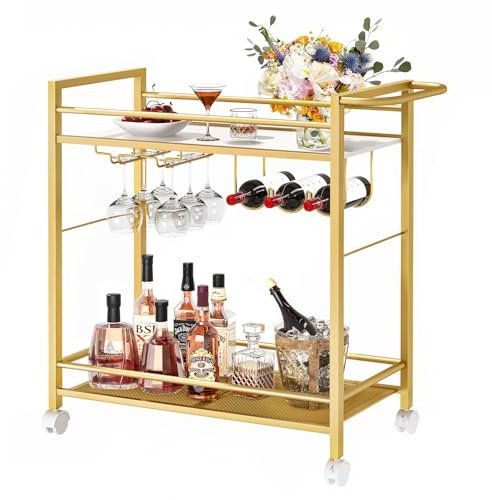 LELELINKY Servierwagen,Küchenwagen,Barwagen mit Rollen, Moderner bar cart mit Stauraum, Weinwagen mit Weinregal und Weinglashalter für Küche, Wohnzimmer & Esszimmer,Bar, Party,Gold