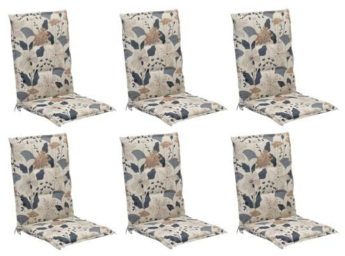 Home4You 6er Set Mittellehner-Stuhlauflagen in Creme und Blau – Gartenstuhlauflage 108 x 50 x 6 cm – Polyester & Baumwolle – Mit seitlichen Bindekordeln – Gefertigt in Deutschland