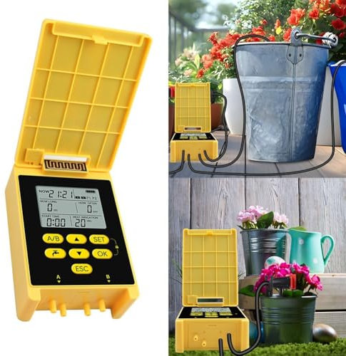 Temporizador de riego solar de doble bomba, temporizador de riego solar inteligente con sensor de lluvia, capacidad de bomba doble, pantalla digital grande, cerraduras infantiles para riego automático