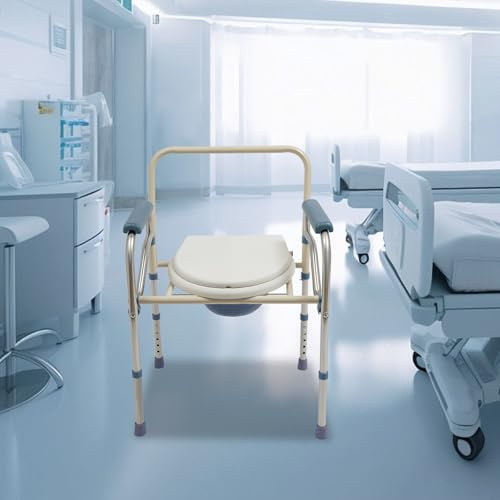 Duschstuhl für Senioren, mit Rollen Klappbarer Töpfchenstuhl, Rollstuhl mit Duschsitz Duschhocker Tragfähigkeit 150kg mit Abnehmbarem Bettpfanne, für ältere Menschen, Behinderte, Schwangere