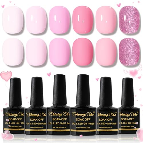 Shining She UV Nagellack Set, 6 Farben Frühling Baby Rosa Hellrosa Pastell Gel nagellack Rosa Serie Soak Off UV Gellack Nail Art Salon für Frauen Ernennung Gedenktag Valentinstag, 8ML