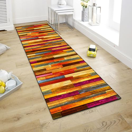 WTHYGB Teppich Läufer Flur, Küchenläufer 60x120cm rutschfest Waschbar | Bettvorleger für Waschküche, Vorzimmer, Schlafzimmer Küche und Wohnzimmer, Carpet Rot Holzmaserung