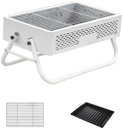 PQPQLI Portable Barbecue Grill Barbecue Au Charbon De Bois De Camping avec Pieds Pliables, Grille en INOX, Poêle À Frire pour 3 À 5 Personnes, 47 * 28.5 * 22.5cm(White)