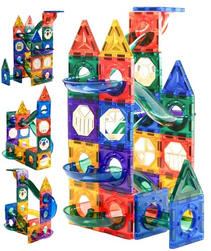 LARCIVELLE Magnetbausteine Kugelbahn in Regenbogenfarben mit 60 Teilen, Kleine 6 cm Größe, Lernspielzeug für Kinder von 3-8 Jahren BMGENB01D