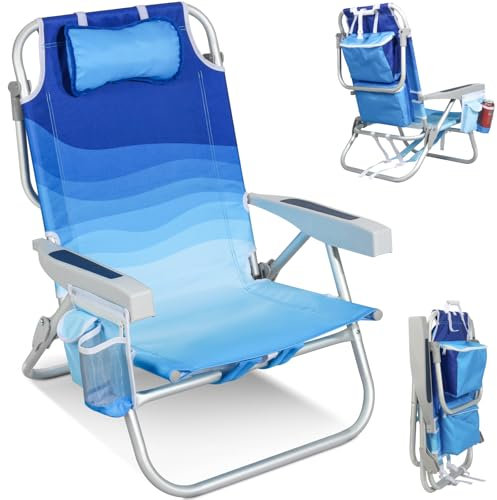 Join Nature Strandstuhl Klappbar Leicht – 5-Fach Verstellbarer Campingstuhl mit Kühltasche, Kopfstütze, Seitentaschen, Handtuchhalter, Schultergurten & Armlehnen – Belastbar bis 136 kg – Wellenblau