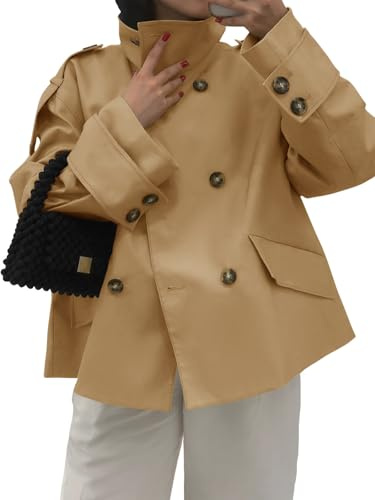 Tankaneo Womens Cropped Trench Coat Oversized Double Breasted Stand Collar Short Jacket Fall Casual Work Outerwear