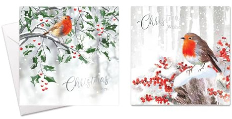 Sixstore Weihnachtskarten 20 Stück Jede Weihnachtskarte Multipack hat 2 verschiedene Designs Rotkehlchen Vogel mit Beeren. Umweltfreundlich, recycelbar, mit Umschlägen