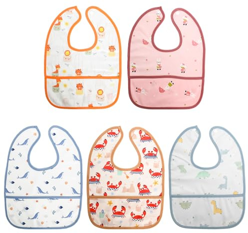 Rieoany Set di 5 Bavaglini Neonato Impermeabili, Bavaglino Svezzamento con Tasca Raccogli-Cibo, Bavaglini Bandana Neonato in TPU Lavabili, Motivi Animali per Bambini e Neonati