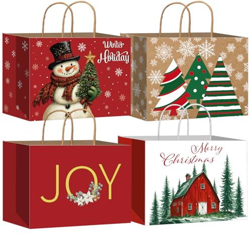 DECHISY 12 Stück Geschenktüten Weihnachten Groß, Papiertüten mit Griffen, Weihnachtstüten mit 4 Designs, Weihnachten Geschenktüten für Weihnachtsgeschenke, Partyzubehör, Geschenken,32.5x25x17cm | Weihnachtspapiertüten mit Griffen, Tüten in 4 Designs für Geschenke, Feiertagsfeiern, Familiengeschenke, saisonale Verpackung