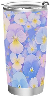 siphylline Light Blue and Pink Pansies Flowers Stainless Steel drinking cups with lids with Lid hot coffee travel mug for Home, Office or Car modern tumbler with lid 20oz
