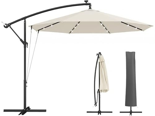 Outsunny 3 m Cantilever Parasol with Solar LED Lights, Garden Umbrella with Protective Cover and Wind Ropes, Hanging Offset Banana Parasol with Cross Base and Crank Handle, Cream White