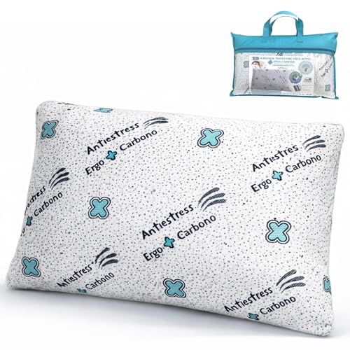 Almohada Viaje Viscoelástica 50x30x10 con Carbono Activo, Almohada Ergonómica para Avión, Tren, Coche, Caravana, Camping. Almohada De Viaje Transpirable con Doble Funda Lavable y Bolsa de Transporte