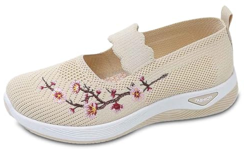 Zapatillas Ortopedicas Mujer Cómodas sin Cordones Antideslizantes con Estampado Bordado Transpirables y Antideslizantes Zapatos Entrenamiento Deportivas Malla Deporte