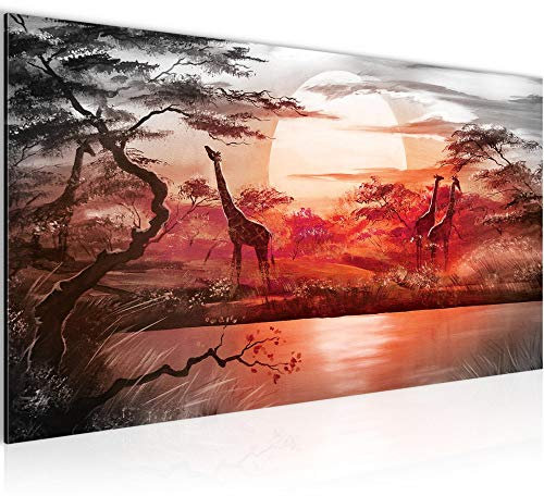 Runa Art Wandbild Afrika Giraffe 1 Teilig 100 x 40 cm Modern Bild auf Vlies Leinwand Landschaft Wohnzimmer Schlafzimmer Rosa Grau 000112b