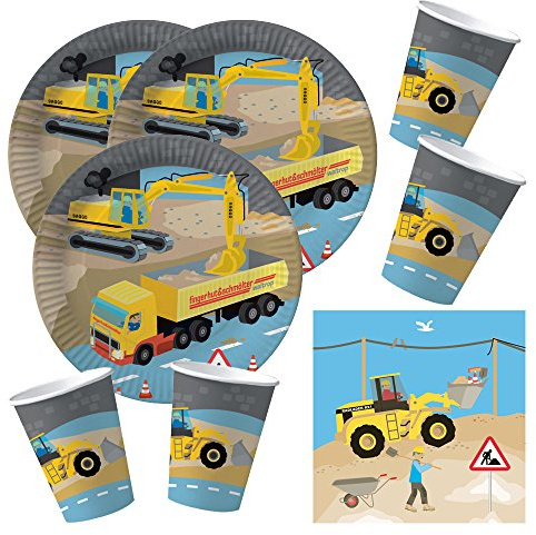 DH-Konzept 52-teiliges Party-Set - Baustelle - Teller Becher Servietten mit Bagger und Radlader für 16 Kinder