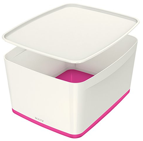 Leitz Large MyBox with Lid, Storage Box for Home and Office, High Gloss Plastic, 18 Litre, A4, White/Pink Metallic