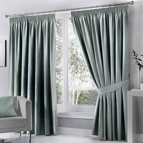 Fusion Dijon Blackout Pencil Pleat Lined Curtains, Duck Egg, 66 x 54 Inch
