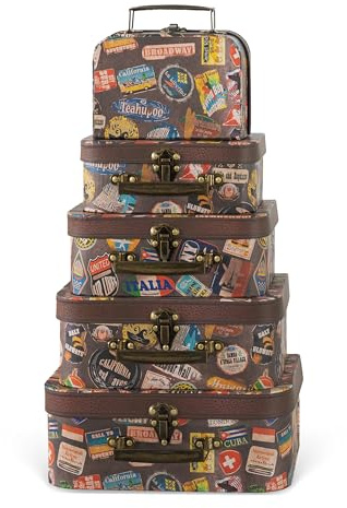Soul & Lane Pappkoffer mit Scharnierdeckeln und Griffen – Set von 5 – dekorative Gepäckbox, Vintage-Foto-Requisite, Pappmaché, stapelbare Aufbewahrung – Dekor für Hochzeit & Reise-Motto-Party | Vintage-Gepäck-Dekorboxen für Hochzeit und Reise-Mottoparty, Mini-Nesting-Foto-Requisiten, Alte Welt-Mittelstücke