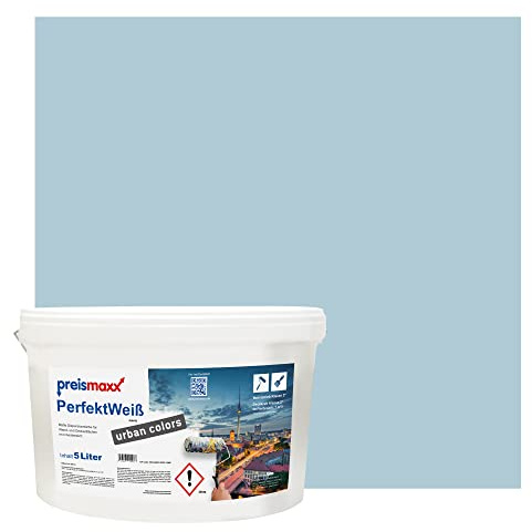 Preismaxx Perfektweiß Wandfarbe blau matt 5L - Innenwandfarbe für kreative Wandgestaltung, Innenfarbe nebelblau, hohe Deckkraft Klasse 2, Trendfarbe für Wohnzimmer, bunte Akzentfarbe
