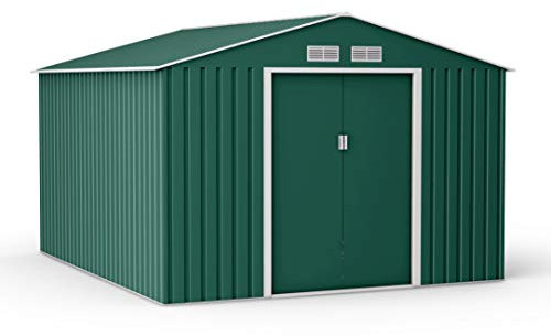 BillyOh Ranger Apex 9x10 Shed, Dark Green - Galvanised Steel Garden Storage Box for Tools & Bike with Vents, Foundation Kit - Lockable 2 Door Metal Shed for Outdoor Storage Cabinet Solution