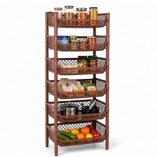ARTECSIS® Korbregal aus Kunststoff mit 6 Regal-Etagen stapelbar & modular erweiterbares Stecksystem braun (schmal) - Kellerregal & Vorratsregal für Lagerung - Abstellraum Steckregal & Lagerregal