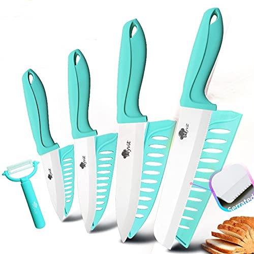 DZCP Cuchillo de Cocina Cuchillo de cerámica 3 4 5 + 6 Pulgadas Cocina Pan Serrated Set 3 unids / 4pcs Chef Slicer Slicer Vegetal Peeler Blanco Zirconia Blade (Color : Blue 3456 Inch Bread)