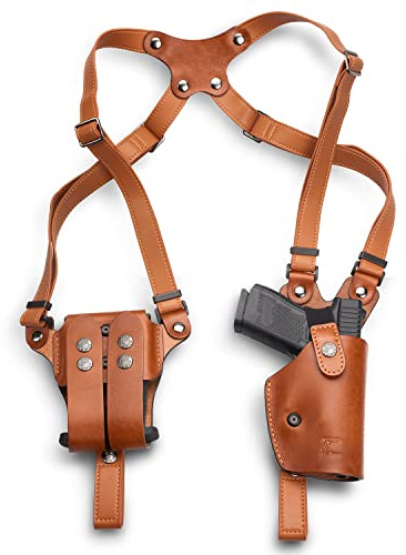 GUN & FLOWER Brown Leather Shoulder Holster Fits Glock 17/19, 1911, M&P 9, Taurus G2C/G3C, Sig P226, Beretta 92FS, Vertical Concealed Holster with Dual Mag Holder, Right Hand