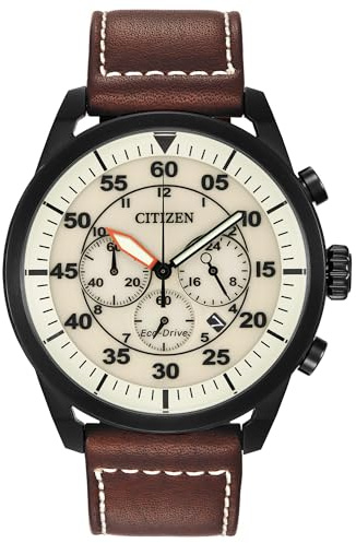 Citizen Men's Eco-Drive Chronograph Sport Casual, Brown Leather Strap, Beige Dial, Chronograph, Date (Model: CA4215-04W)