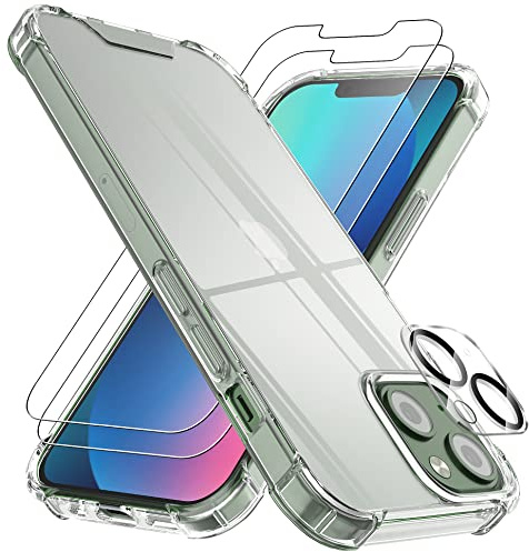 4youquality 4-in-1 Case for iPhone 13 Mini with 2x Screen Protector Clear | with 1x Camera Lens Protector, Tempered Glass, Airbag Drop Protection, Clear Bumper Phone Cover, Shockproof, Anti-Scratch