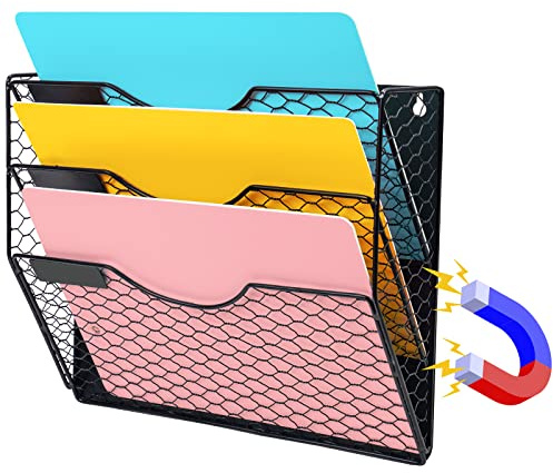 NiOffice 3 Fächer Magnetischer Metall A4 Zeitschriftenhalter Wand, Zeitschriftensammler für Büro und Zuhause, Wandorganizer ohne Bohren für Schrank oder Kühlschrank (Schwarz)