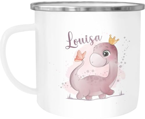 SpecialMe® Kinder-Tasse Emaille Dino Dinosaurier Schmetterling personalisierte Tasse mit Name individuelle Geschenke Emaille-weiss-silber standard