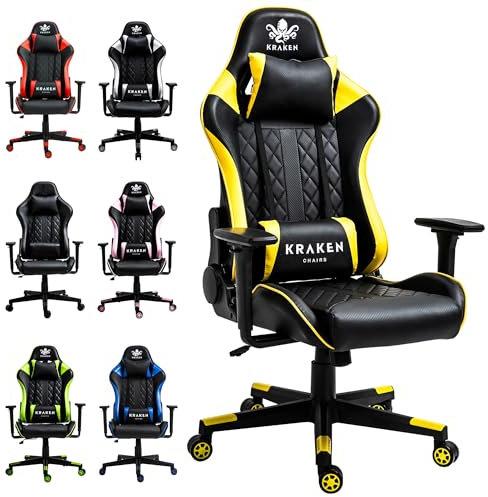 KRAKEN CHAIRS Silla Gaming Piel Sintética - Amarillo - Sillas Gamer Reclinable - Ergonómica Silla de Oficina - Regulable en Altura con Soporte Lumbar y Reposacabezas - Almohada Cuello y Lomo