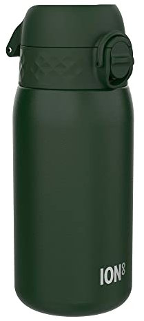 Ion8 Lightweight Steel Kids Water Bottle, 400ml/13oz, Non-Insulated, Leak Proof, Easy to Open, Secure Lock, Dishwasher Safe, Fits Cup Holders, Carry Handle, Metal Water Bottle, Dark Green