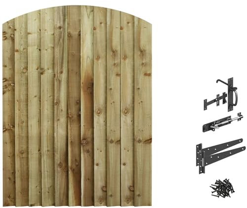 Made to Measure 5ft Wooden Garden Gate, Suffolk Latch Fixing Kit, Custom Feather Edge Fully Framed Arch Top Treated Timber Door for Outdoor Pathway Home Access, MAX 150cm High x MAX 105cm Wide