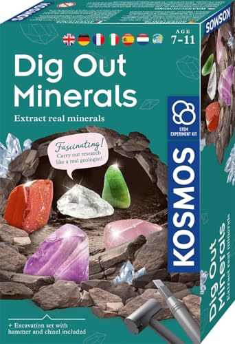 KOSMOS 617202 Kit d'excavation minéral, creusez Vous-même de Vrais minéraux, avec Marteau et Burin, 5 Pierres précieuses fascinantes, kit d'expérimentation pour Enfants à partir de 7 Ans, multilingue
