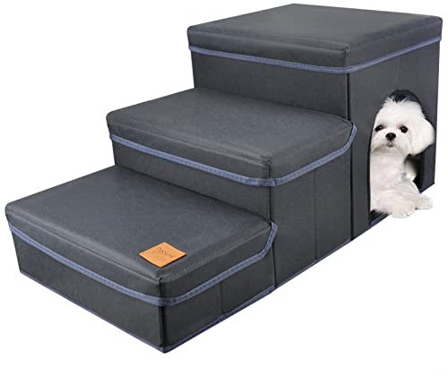 GUWINA Hundetreppe 3 Stufen, Haustiertreppe Faltbar für Sofa & Bett, Abnehmbar Tiertreppe Klappbar mit Aufbewahrungsbox, Multifunktionale Haustierleiter für Kleine Hunde Katzen (Blau)