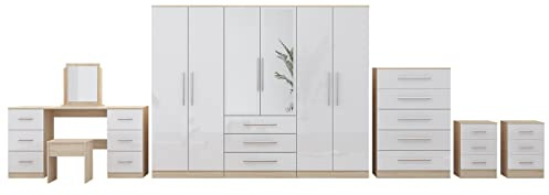 UNIQUE FURNISHINGS 6 DOOR FULL BEDROOM SET HIGH GLOSS WHITE, 6 DOOR WARDROBE + DOUBLE DRESSER + CHESTER + 2 BEDSIDES
