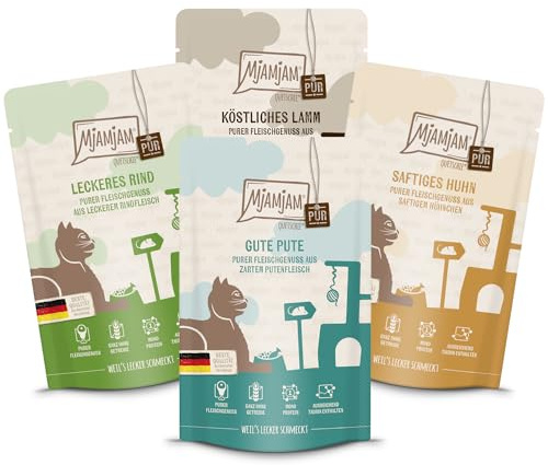 MjAMjAM - Premium Nassfutter für Katzen - Probierpaket Purer Fleischgenuss 1 125g, 12er Pack (12 x 125g), naturbelassen mit extra viel Fleisch