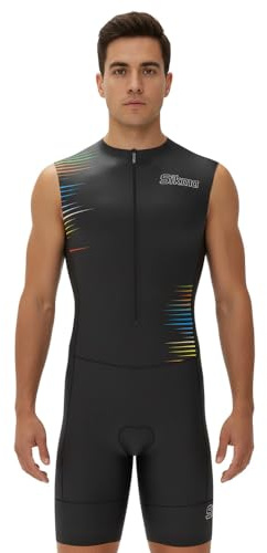 Men's Cycling Skinsuit Gel Padded One Piece Trisuit Bike Top Short Sublimated Unique Design Bib Shorts (Sleeveless-Black-MultiColour, L)