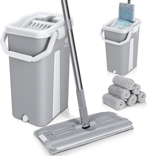 VOUNOT Flat Mop and Bucket set, 2-in-1 Hands Free Squeeze Mop User-Friendly Design, Includes 6 Reusable Microfiber Mop Pads, Grey