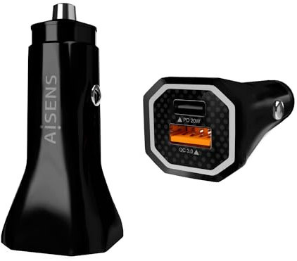 AISENS - ASCH-CAR2PQC-BK - Cargador de Coche 38w,1xUSB-C PD3.0 20w,1xUSB-A QC3.0 18w, Negro