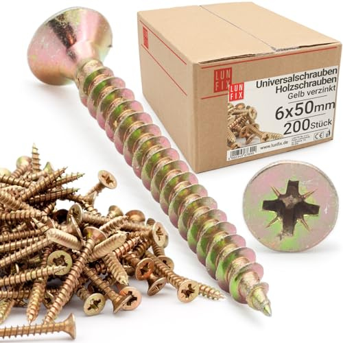LUN FIX Universalschraube 6x50 mm 200 Stk PZ3 Kreuzschlitz Senkkopf | gelb verzinkt Vollgewinde Holzschrauben Spanplattenschrauben selbstschneidende Schrauben für Holz Möbelbau